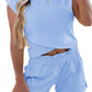 Mist Blue Solid Short Sleeve Elastic Waist Pocket Casual Two Piece Short Set
