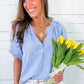 Sky Blue Summer Plaid V Neck Puff Sleeve Blouse