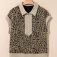 Beige Ribbed Patchwork Collar Cuffed Sleeve Leopard Plus Top