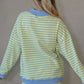 Pink Stripe Color Block Detail Long Sleeve Pullover Elastic Waist Pull On Shorts 2pcs Set