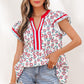 Green Sunflower Printed Contrast Trim V Neck Flutter Sleeve Blouse