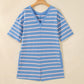 Sky Blue Stripe V Neck Short Sleeve Double Wear Loose Romper