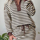 Brown Stripe Contrast Trim Button Neck Long Sleeve Top Drawstring Mini Skirt Set