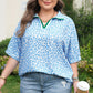 Sky Blue Striped V Neckline Half Sleeve Plus Size Leopard Blouse