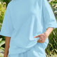 Yellow Cream Solid Color Exposed Seam Mock Neck Oversize Tee Casual Shorts 2pcs Outfit