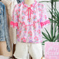 Purple Coquette Floral Bow Printed Contrast Ruffled Short Sleeve Blouse