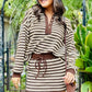 Brown Stripe Contrast Trim Button Neck Long Sleeve Top Drawstring Mini Skirt Set