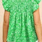 Green Floral Flutter Sleeve Shirred Notched Neck Plus Size Blouse