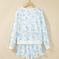 Sky Blue Floral Print Striped Detail Long Sleeve Top Ruffle Hem Shorts 2pcs Set