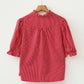Blue Stripe Ruffled Short Puff Sleeve Button Front Blouse