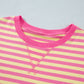 Yellow Stripe Colorblock Trim Crew Neck Loose Tee Drawstring Elastic Waist 2pcs Pant Set
