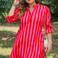Rose Stripe Frilled Collar Button Neck Short Sleeve Curvy Mini Dress