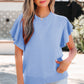 Bright Green Solid Color Ribbed Trim Round Neck Ruffle Short Sleeve Sweater