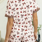 White Chic Bow Cherry Printed Leopard Contrast Patchwork Shirt Drawstring Shorts 2pcs PJ Set