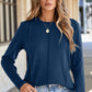 Navy Blue Solid Exposed Seam Crew Neck Long Sleeve Top