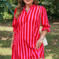 Rose Stripe Frilled Collar Button Neck Short Sleeve Curvy Mini Dress