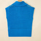 Sky Blue Solid Color Hollowed Knit Short Sleeve Zipper Collar Knitwear Top