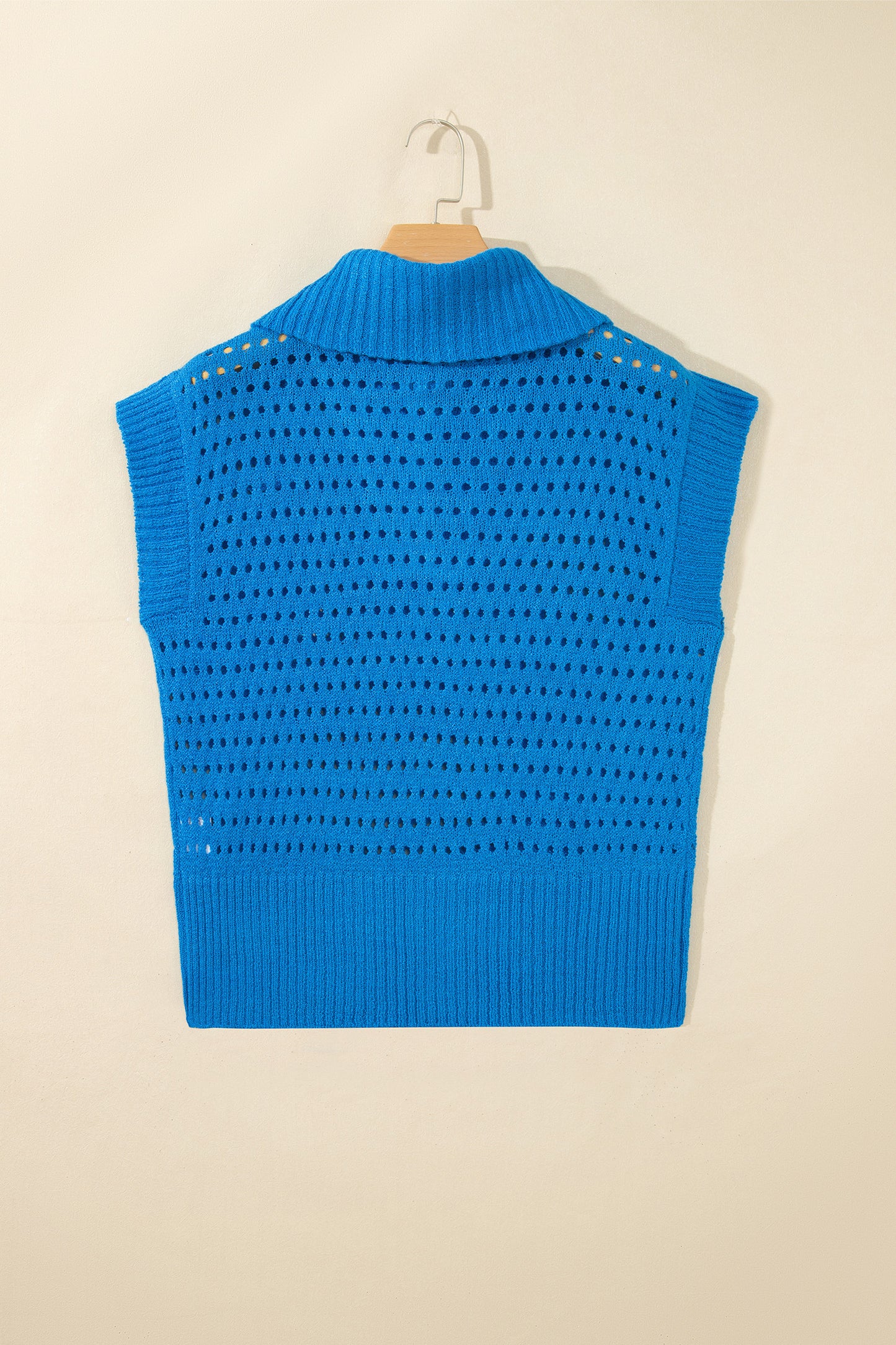 Sky Blue Solid Color Hollowed Knit Short Sleeve Zipper Collar Knitwear Top