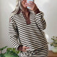 Brown Stripe Contrast Trim Button Neck Long Sleeve Top Drawstring Mini Skirt Set