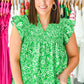 Green Floral Flutter Sleeve Shirred Notched Neck Plus Size Blouse