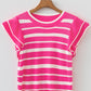 Rose Stripe Double Ruffle Short Sleeve Lightweight Knit Sweater
