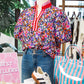 Purple Ditsy Floral Print Plaid Colorblock Trim V Neck Blouse