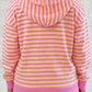 Rose Red Striped Long Sleeve Zip-Up Hoodie Drawstring Elastic Waist 2pcs Short Set