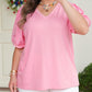 Bonbon V Neck Pleated Short Puff Sleeve Plus Size Blouse