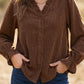 Coffee Solid Color Ruffle Trim V Neck Long Sleeve Button Corduroy Shakcet