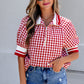 Red Gingham Striped Patchwork Half Zip Blouse