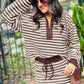 Brown Stripe Contrast Trim Button Neck Long Sleeve Top Drawstring Mini Skirt Set