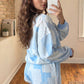Sky Blue Patchwork Floral Print Drop Shoulder Baggy Pullover Drawstring Shorts Set