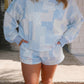 Sky Blue Patchwork Floral Print Stand Neck Long Sleeve Two-piece Outfit Plus Size Set