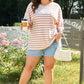 Pink Stripe Waffle Knit Pocketed Half Sleeve Plus Size T Shirt