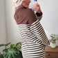 Brown Stripe Contrast Trim Button Neck Long Sleeve Top Drawstring Mini Skirt Set