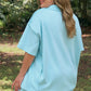 Mist Blue Solid Color Mock Neck Half Sleeve Top Plus Size 2pcs Short Set