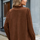 Coffee Solid Color Ruffle Trim V Neck Long Sleeve Button Corduroy Shakcet