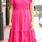 Rose Polka Dot Print Ruffled Smocked High Waist Plus Midi Dress