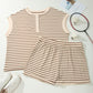 Brown Stripe Plus Size Half Buttons Top and Shorts Set