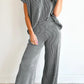 Burgundy Twisted Ribbed High Neck Loose Tee Elastic High Waist Loose Pant Set