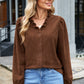 Coffee Solid Color Ruffle Trim V Neck Long Sleeve Button Corduroy Shakcet
