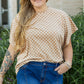 Khaki Checkerboard Short Batwing Sleeve Round Neck Plus Size T Shirt