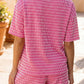 Sky Blue Stripe Raised Rib Loose Tee Drawstring Elastic Waist 2pcs Short Set