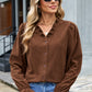 Coffee Solid Color Ruffle Trim V Neck Long Sleeve Button Corduroy Shakcet