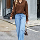 Coffee Solid Color Ruffle Trim V Neck Long Sleeve Button Corduroy Shakcet
