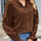 Coffee Solid Color Ruffle Trim V Neck Long Sleeve Button Corduroy Shakcet
