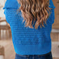 Sky Blue Solid Color Hollowed Knit Short Sleeve Zipper Collar Knitwear Top