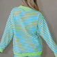 Pink Stripe Color Block Detail Long Sleeve Pullover Elastic Waist Pull On Shorts 2pcs Set