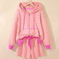 Rose Red Striped Long Sleeve Zip-Up Hoodie Drawstring Elastic Waist 2pcs Short Set