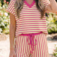 Yellow Stripe Colorblock Trim V Neck Tee Drawstring Elastic Waist Short Set